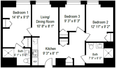 Floor plan for 3 beds, 2 baths, 700 sqft